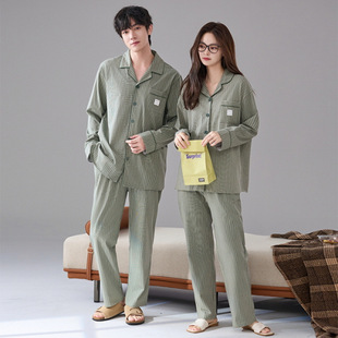 7A Autumn New Pure Cotton Couple Pajamas Long Sleeve Trousers Cardigan Men's Casual Home Clothes Women's suit