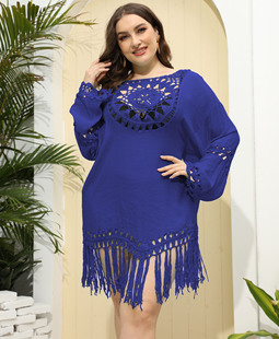 Seaside Holiday Style beach bikini blouse tassel skirt cross-border European and American hand hook stitching dress F19352