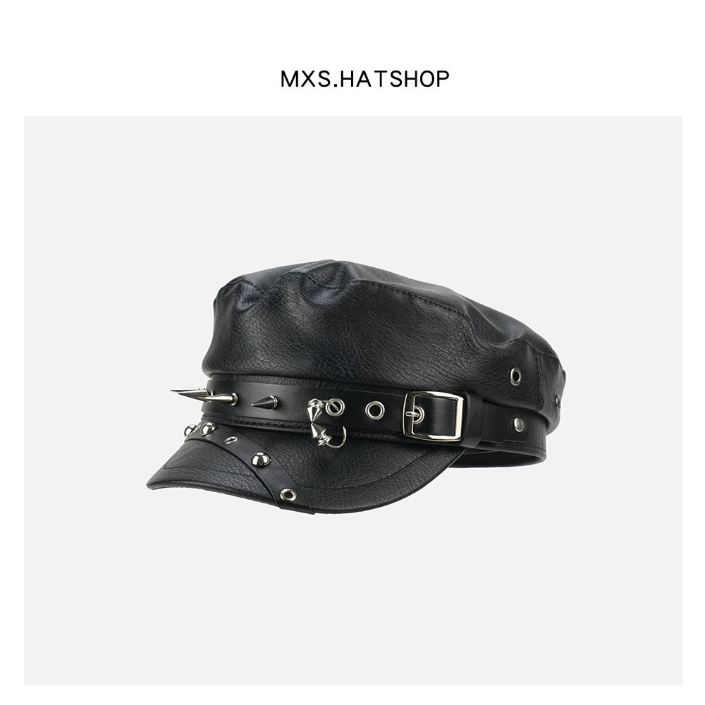 Niche Dark Punk Style Rivet Pu Leather Beret for Women, Unique and Trendy Retro Street Octagonal Hat