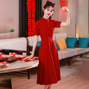 New Improved Cheongsam Short-sleeved Bride Toasting Suit Red Engagement Dress dress Back Door Usually Wear