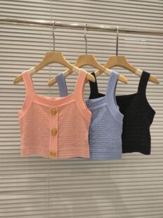 2025 Spring New French Socialite Style V-Neck Metal Button Short Knitted Camisole Fashion Top