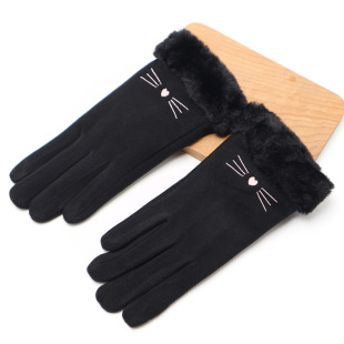 Touch screen gloves autumn and winter fleece-lined thickened women's suede warm windproof cold-proof student driving riding cute outdoor
