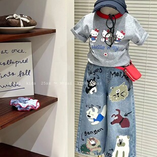 Girls Spring and Summer suit 2025 New Children Girls Short Sleeve Fashionable Cartoon Graffiti Casual Trousers