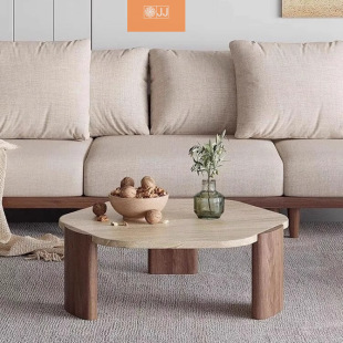 Quiet Style Solid Wood Cave Stone Coffee Table Household Small Apartment Homestay Living Room Minimalist Round Marble Side Table Low Table
