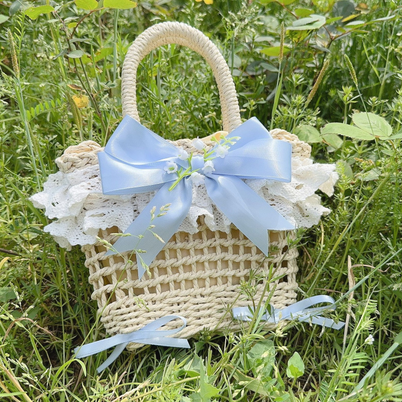 New Lolita Mori Girl style lily of the valley lace bow beach pastoral straw woven handbag crossbody bag