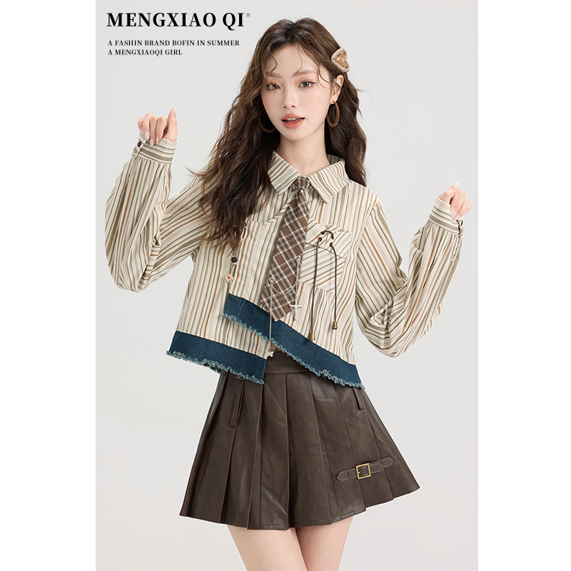 Academy Style Spring and Summer Chic Striped Shirt Women's Design Sense Irregular Short Slim-fit Chic Korean-style Long-sleeved Top