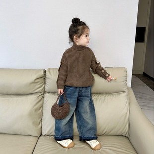 Winter new boys and girls baby Korean style dark fleece-lined jeans straight pants children's casual loose wide-leg pants