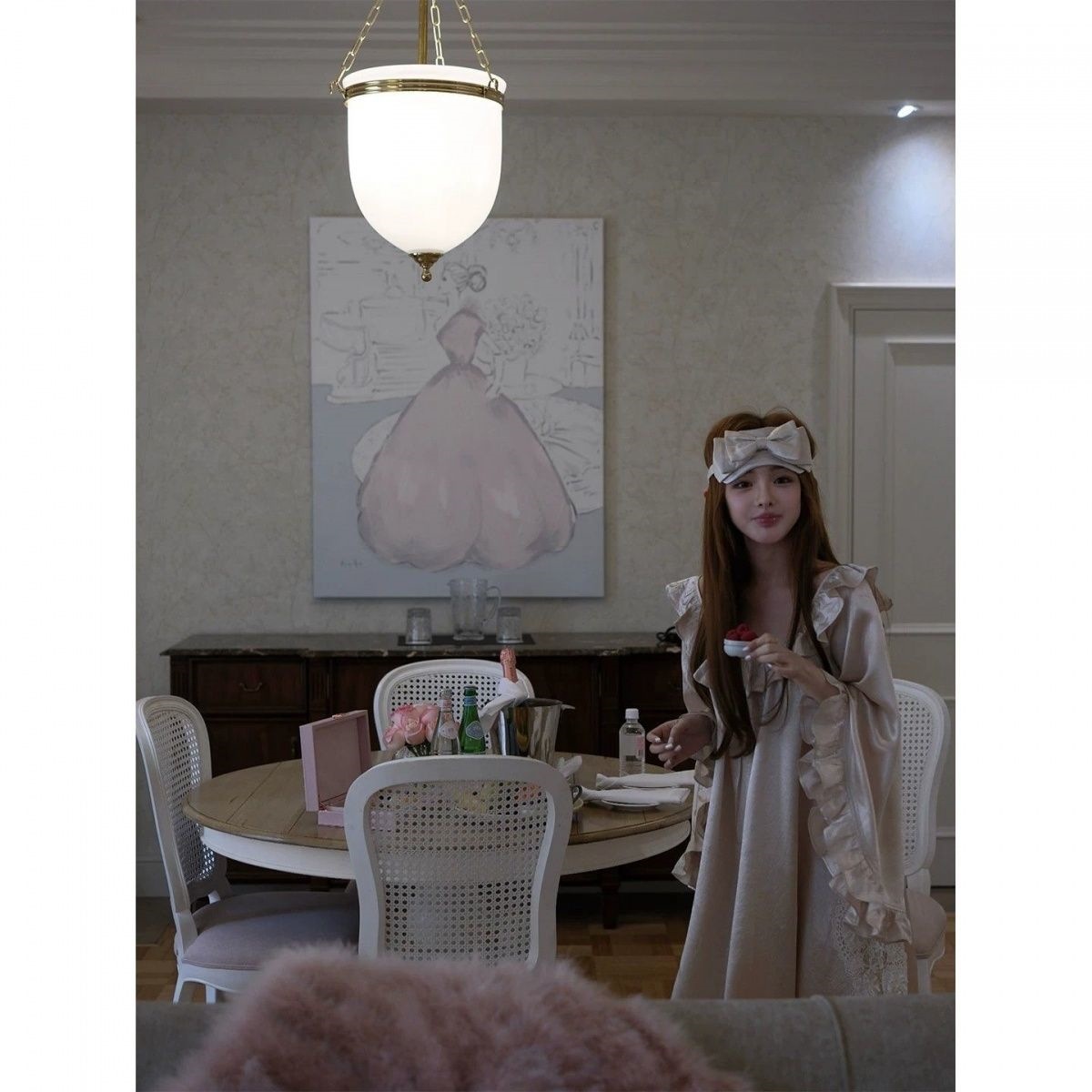 Spring and Summer New Style Three-Quarter Sleeve Pajamas for Women, Imitation Acetate Lace, Hollow-Out Ruffles, Pure Desire Girl Nightgown, Home Wear