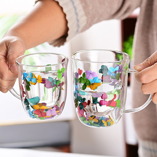 Household High Borosilicate Heat Insulation Cup Juice Cup Eternal Flower Double Layer Milk Glass Accompanying Gift High Color Value Glass