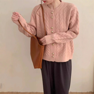 Autumn 2024 New Vintage Twist Gold Button Gentle Style Knitted Cardigan Round Neck Solid Color Design Sweater Top