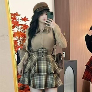 Slightly Chubby mm Pure Lust Style Jk Uniform Suit Shirt Top Plaid High Waist Skirt 2025 New Suit Slimming Look Women