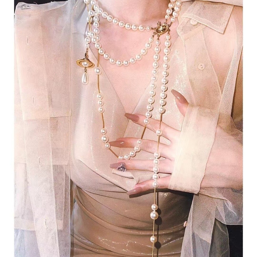 [High Quality] Queen Mother Broken Pearl Three-Layer Three-Dimensional Saturn Asymmetric Tassel Necklace for Women That Does Not Fade