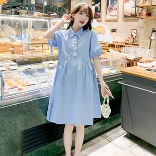 Maternity 2024 Summer New Korean Fashion Sweet Doll Collar Loose Large Size Mid-length Pregnant Women Dress
