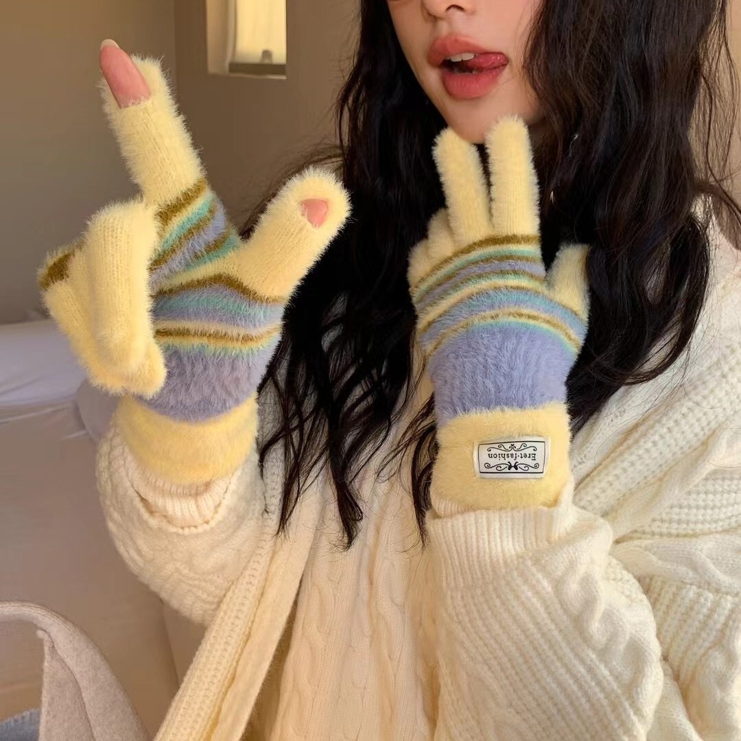 25 Years of Cute Rainbow Stripesd Fingerless Gloves for Girls in Winter Anti-Freeze Fingerless Touch Screen Warm Knitted Gloves for Women