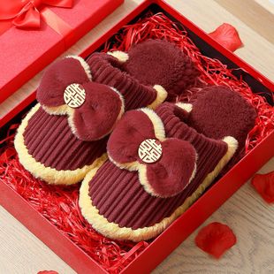 Wedding cotton slippers women winter 2024 new indoor home non-slip wedding shoes autumn and winter couples warm shoes women