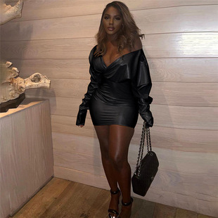 INS European and American style 2023 autumn and winter women's clothing new fashion temperament PU leather deep v-neck long sleeve sexy sheath dress