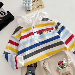 Japanese Children's Clothing 2025 Spring and Autumn Cotton Hooded Sweats for Boys and Girls Children's Baby's Colorful Striped Trendy Top