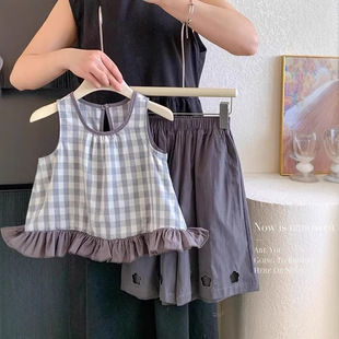 Girls summer suit 2025 new Korean girls western style good-looking plaid shirt children's cotton vest two suit