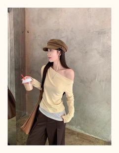 [260g cotton modal] lace stitching oblique shoulder long sleeve T-shirt female design sense fake two-piece coat yellow