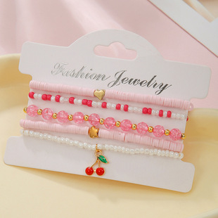 New Love Pendant Glass Beaded Bracelet Pink Girl Series Multi-Layer Rice Beads Soft Ceramic Overlapping Bracelet
