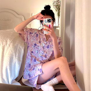Japanese and Korean foreign trade pajamas women's summer Internet celebrity same cute cartoon short-sleeved cardigan two-piece home wear can be worn outside