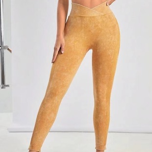 Cross-border high elastic high waist Peach Hip lifting cropped sports trousers seamless yoga pants tie-dyed sand wash cross waist women