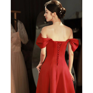 Toasting Clothing French 2024 Bride High-end Light Luxury Niche Dress Women's High Waist off-shoulder Engagement Satin Red Dress