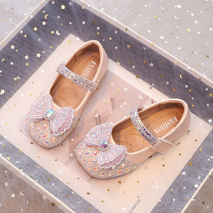 Girls Crystal Small Leather Shoes 2025 Summer Little Girl Cute Bow Star Sequin Princess Shoes Performance Shoes