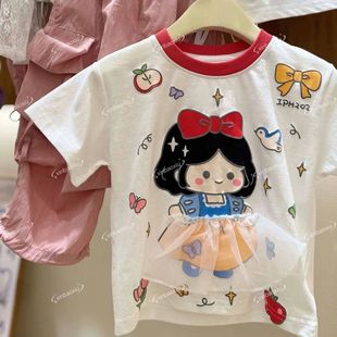 20250 Summer New Girl's Cartoon Short-sleeved T-shirt Children's Western Style Childlike Printed Princess Style Loose Top