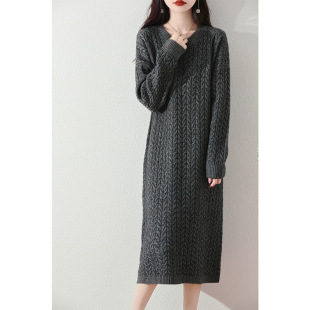 Autumn and Winter New Seven-pin Long Loose Twisted Flower Crewneck Pure Wool Long Dress Elegant Twist Raglan Sleeve Base Dress