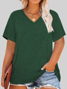Cross-border Foreign Trade plus size Clothing European and American Casual V-neck Pullover Women's T-shirt Single Piece Stamping Plus Size Women's Clothing