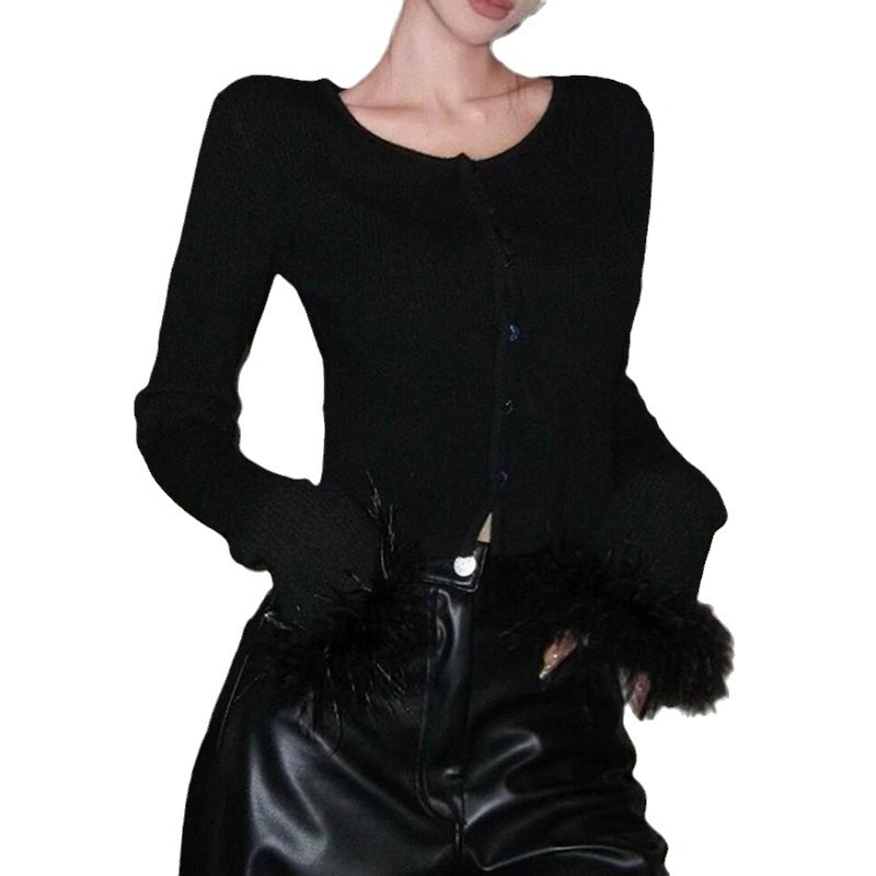 Wubicai Early Autumn New Black Women's Long Sleeve Hot Girl Style Top with Unique Design, Versatile Slim Fit Knitted Top