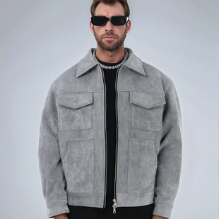 European and American Cross-border Men's Fashion Jacket Suede Men's Zipper Large Pocket Casual Lapel Spring and Autumn Jacket Coat Men