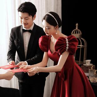 Toast Dress at large Princess Satin 2024 Spring New Wedding Wine Red Elegant Bride Engagement Evening Dress for Women