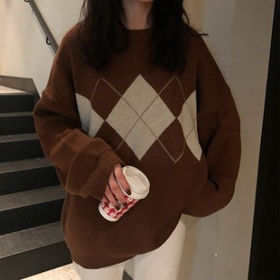 Lazy style western style rhombus Japanese sweater outer wear women's thickened autumn and winter 2022 new knitwear top fashion