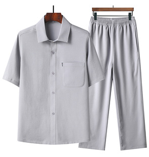 Main push wholesale middle-aged men's short sleeve shirt solid color suit dad lapel grandpa jacket long pants