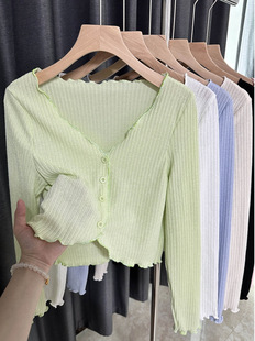 Ear-rimmed V-neck knitted cardigan short sunscreen blouse women's summer thin small outer shawl long-sleeved top