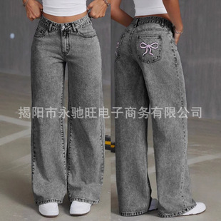 Spring and Autumn Sweet Hot High Waist Straight Loose Trousers Cross-border Amazon Bow Embroidered Jeans for Men and Women