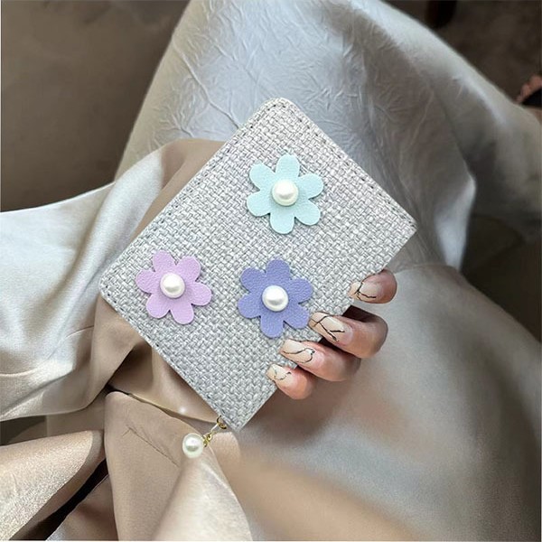 Amazon 2026 Short Accordion Style Women's Pearl Card Holder Korean Version Large Capacity Multi-Card Slot Storage Zipper Coin Purse