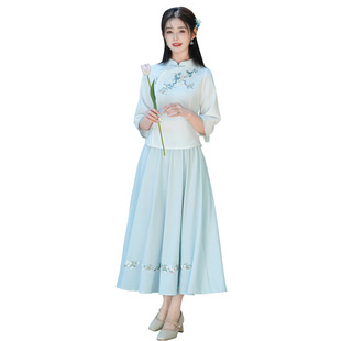 Good Quality Chinese Style National Style Summer Seven-Sleeve Cotton and Linen Embroidered Vertical Collar Slim-Fit Retro Art Tea Top suit