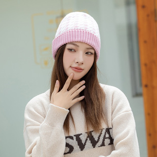 Houndstooth knitted hat woolen hat for women autumn and winter thickened warm cold hat ear protection Northeast cold-proof
