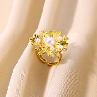 Cross-border Retro Style Imitation Pearl Ring No Falling Women's Niche High-grade Light Luxury Stainless Steel Jewelry Open Ring