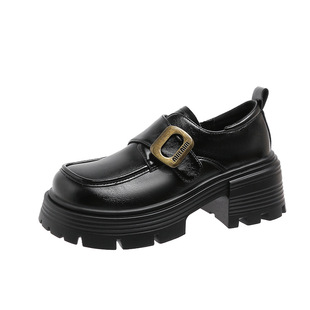 Factory direct leather thick-soled loafers women's new British style round head heightening muffin shoes black small leather shoes