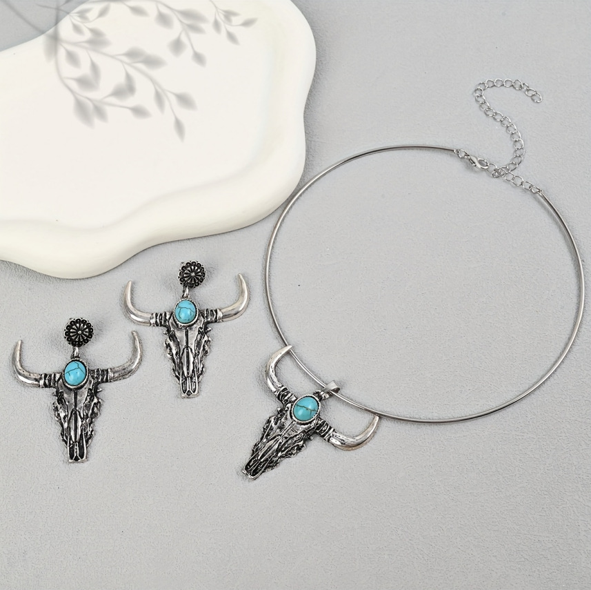 Cross-Border Hot-Selling Tethered Bull Head-Shaped Pendant Imitation Turquoise Necklace Western Farm Style Simia Ethnic Style Necklace