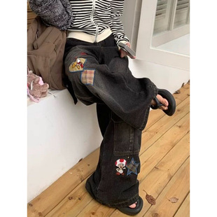 [1289 Collection] American Sweet and Spicy plus size Washed Old Fun Embroidered Paste Jeans Women's Loose Wide