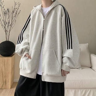 Contrast Color Side Stripe Cardigan Hoodie Men's Autumn Trendy All-match Teenager Loose Handsome Top Jacket
