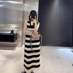 Niche Design Sense Striped Knitted Sleeveless Vest Sling Dress 2023 Summer New French Style Tea Break Long Dress