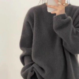 Korean Style Light Luxury 2024 Autumn and Winter Round Neck Wool Sweater Women's Velvet Loose Thickened Sweater Lazy Style Knitted Base Shirt