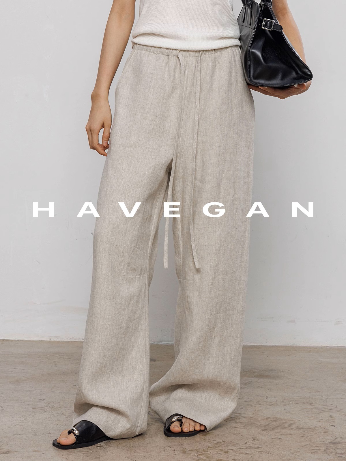 HAVEGAN/루즈 100 린넨 와이드 레그 캐주얼 팬츠 여성 여름 2025 뉴 릴렉스 드레이프 팬츠
