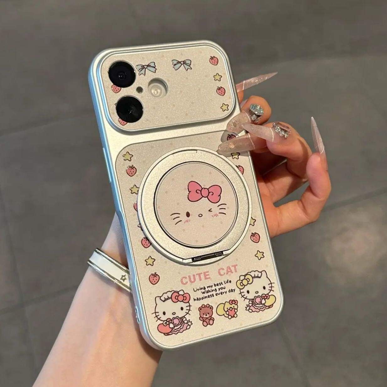 Bow Cat Rotating Stand for Apple 17 Pro Max Phone Case, High-Value Huawei and Xiaomi 15 Case for Girls